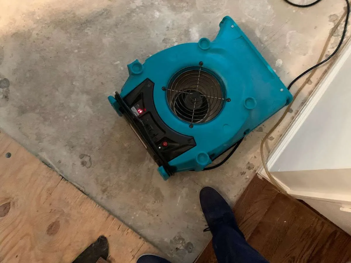 Air mover drying subfloor during Commercial Water Damage Restoration in Pomfret